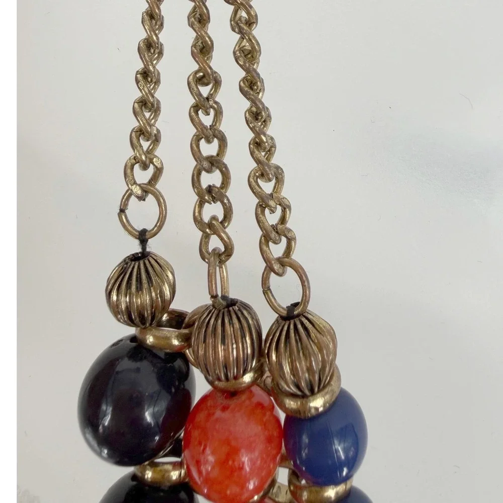 Eva Mendes NY & Co Triple Strand Bib Necklace Blue Coral Bead Gold Tone 103-192